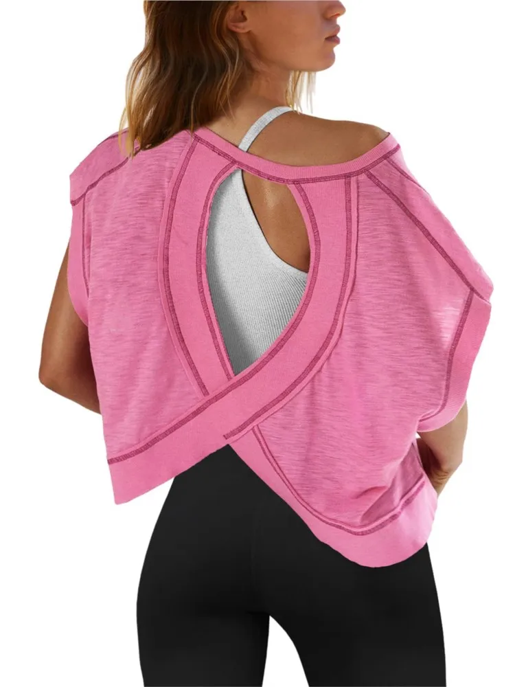 Women Top Activewear Naked-Feel Solid Color Loose Vest Open Back Yoga Sexy Short Sleeved Blouse Sport Fitness Tank Tops T-Shirt