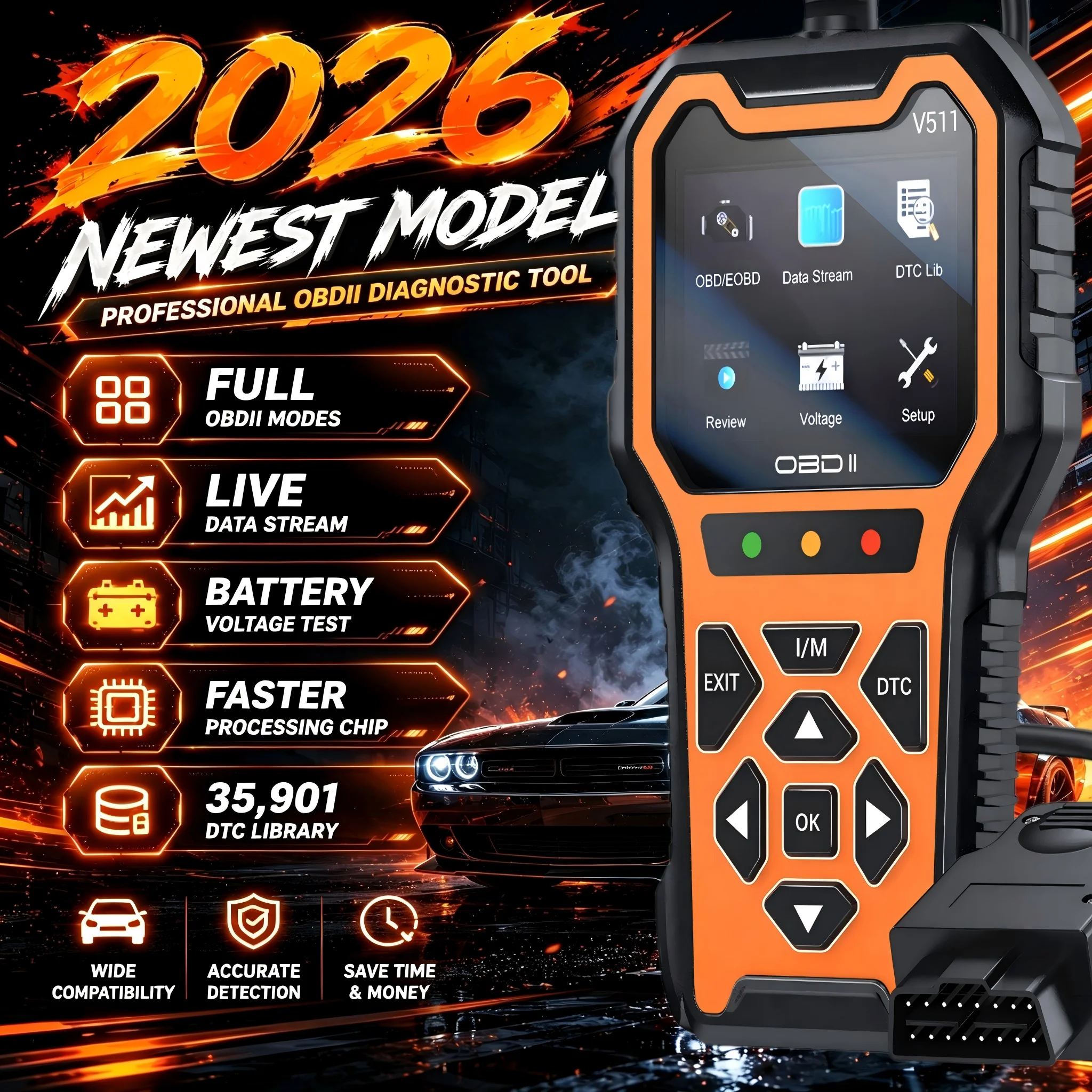 2026 Car OBD2 Fault Scanner Engine Battery Test Fault Code Clear Real-Time Data Professional OBD Inspection Tool