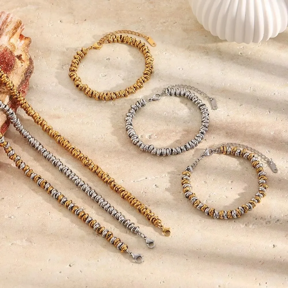 Retro Stainless Steel Circular Bracelet Irregular Bead Handmade Beads Bracelet Stackable Adjustable Beads for Women