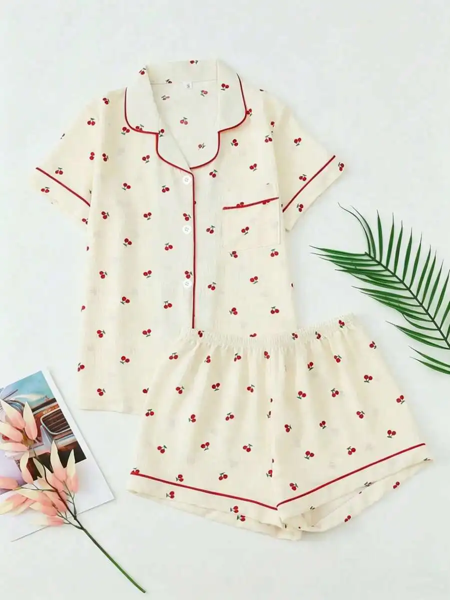 

2pcs Women Cherry Print Pajama Set Short Sleeve Top And Shorts Casual Loose Sleepwear Spring Summer