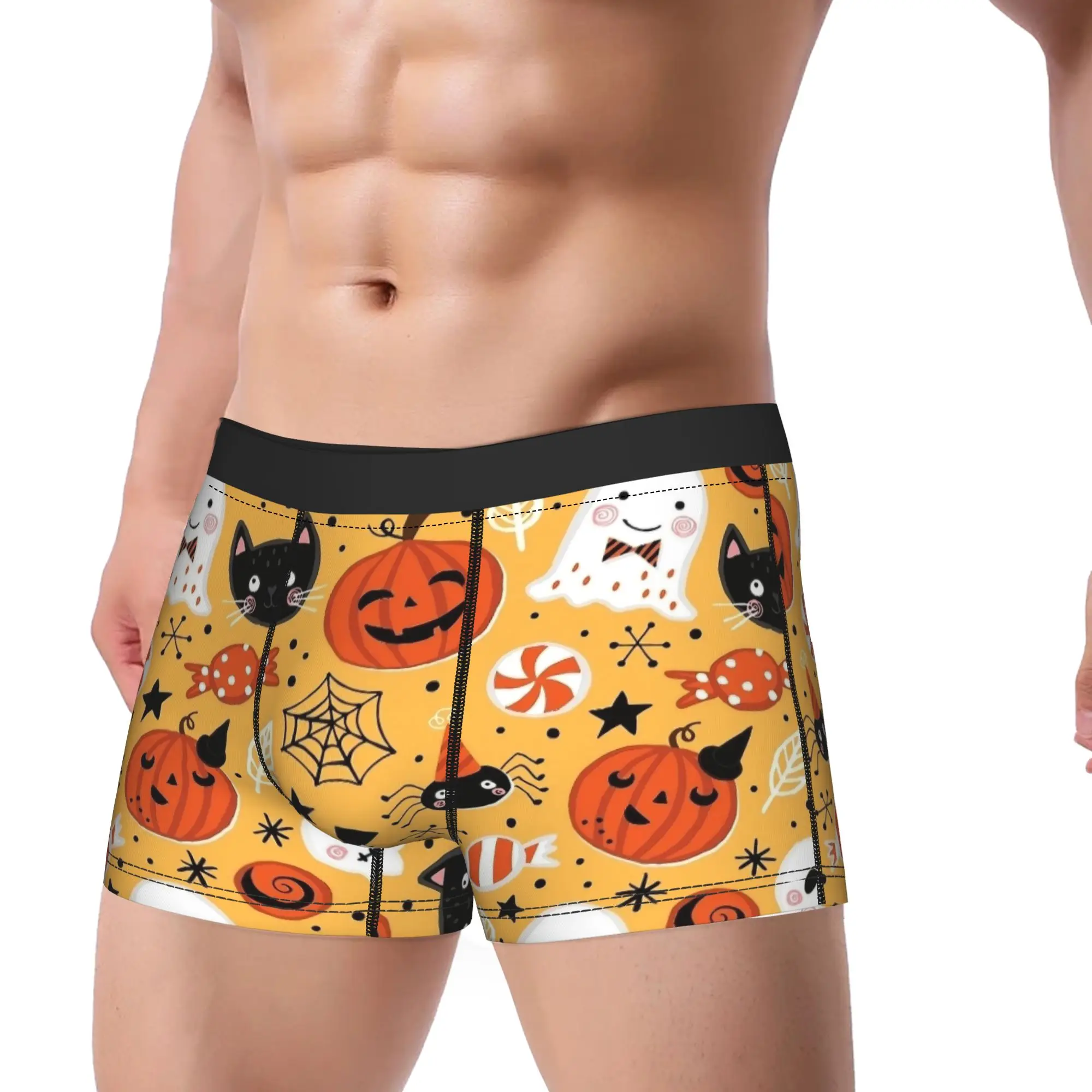 Men Cute Halloween Cartoon Ghost Pumpkin Long Underwear  Humor Boxer Briefs Shorts Panties Male Mid Waist Underpants M-XXL