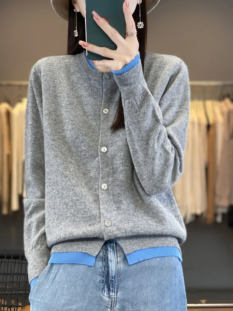 

Кардиган контрастного цвета M.Chic, женский вязаный свитер из 100% мериносовой шерсти, осень-зима, повседневные свободные новые топы с круглым вырезом и длинными рукавами