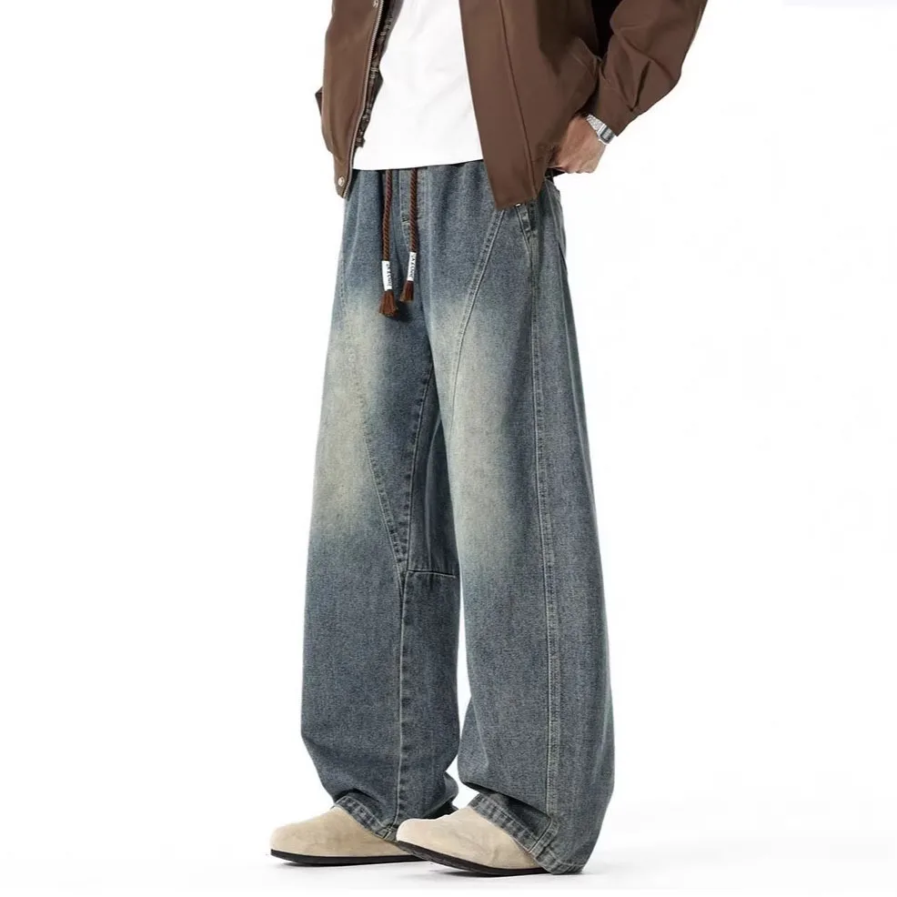 Autumn Men's Washed Spliced Jeans American Casual Fashion Retro Simple Versatile Loose Drawstring Wide Leg Denim Pants