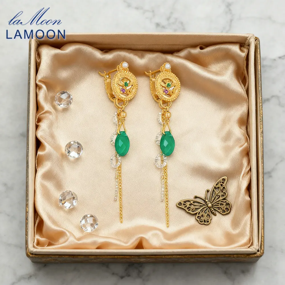 

LAMOON винтажные серьги с кисточками из натурального халцедона для женщин, бижутерия, монеты, стерлинговое серебро 925, позолоченные ювелирные изделия