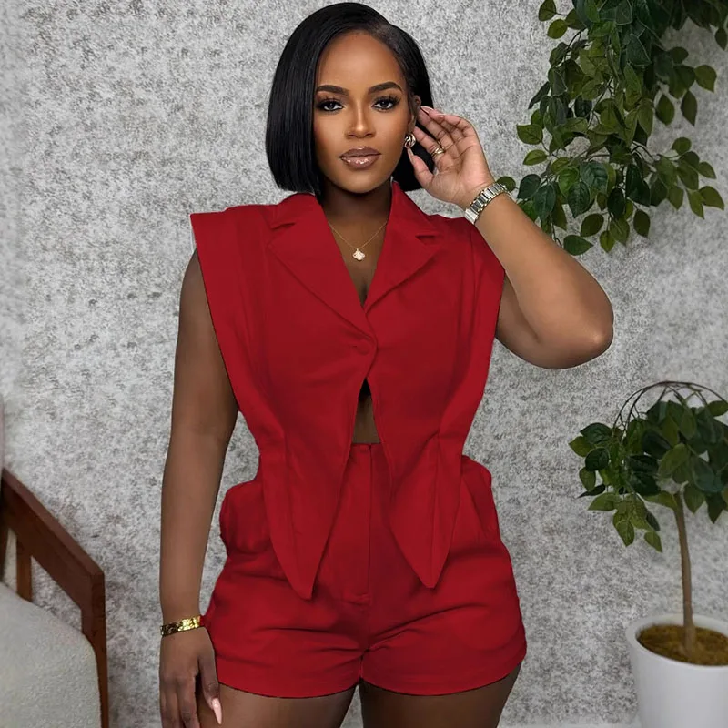 

Solid Casual Short Sets Woman 2 Piece Set Outfit Streetwear Sleeveless Single Button Irregular Top + Shorts New in Matching Sets
