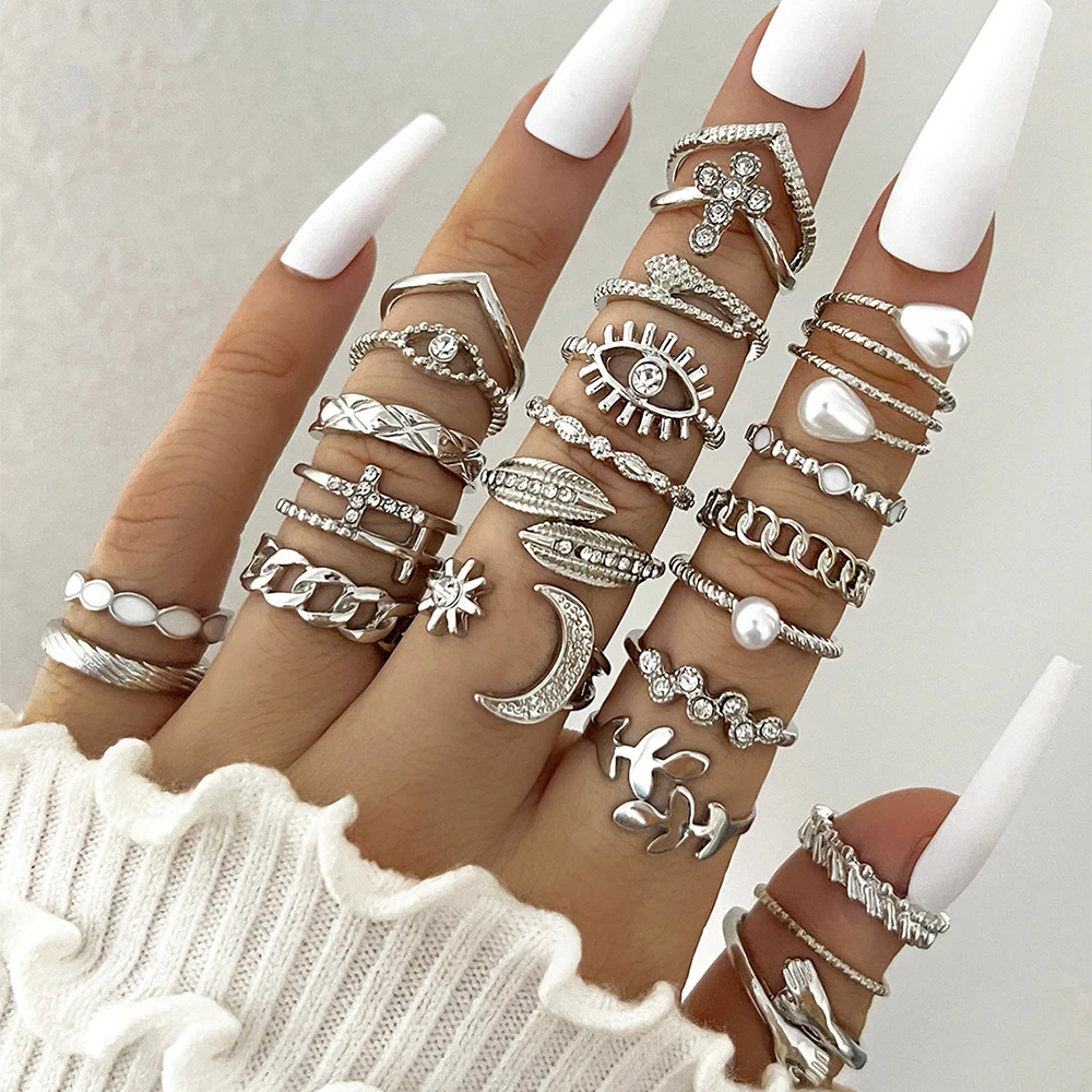23Pcs/Set Faux Pearl Cross Eye Moon Star Hug Leaf Snake Chain-Shaped Metal Multi-Element Rhinestone Ring For Women Birthday Gift image 2