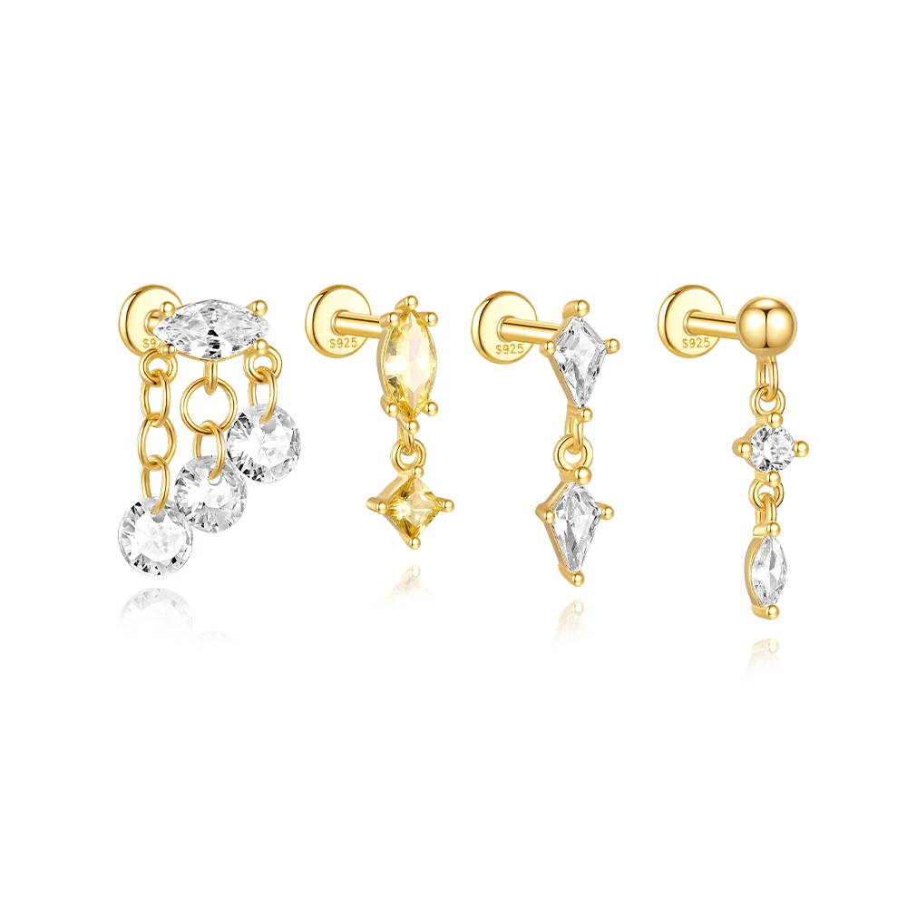 

CANNER 1PC 925 Sterling Silver Horse Eye Zircon Crown Tassel Puncture Thread Flat Earring For Women Ins Long Cartilage Chain