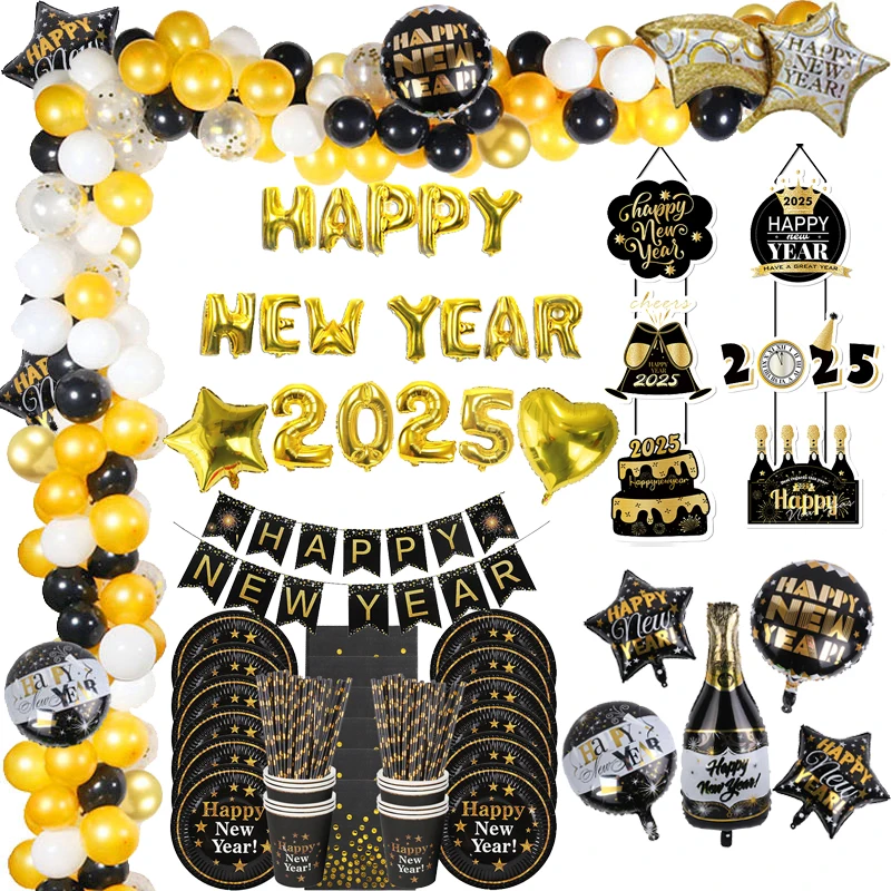 2025 Happy New Year Decoration Gold Black Disposable Tableware Set Banner Balloons New Year Eve Party Photo Booth Props Supplies