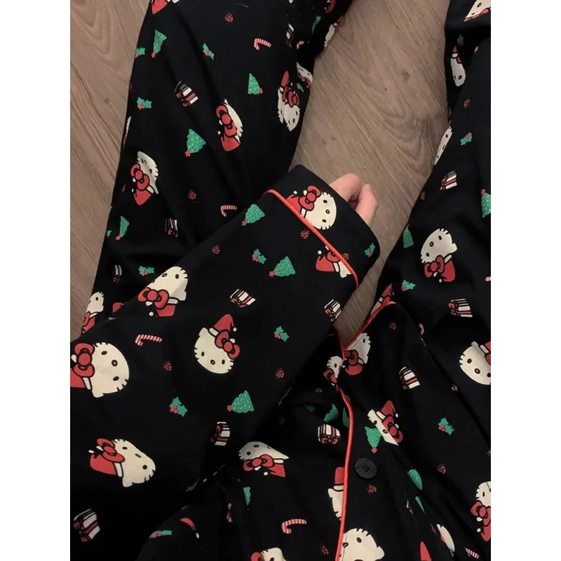 2 unids/set Navidad Hello Kitty conjunto de pijama Anime lindo mujer ropa de hogar pijamas casuales de dibujos animados pareja ropa de dormir ropa de descanso
