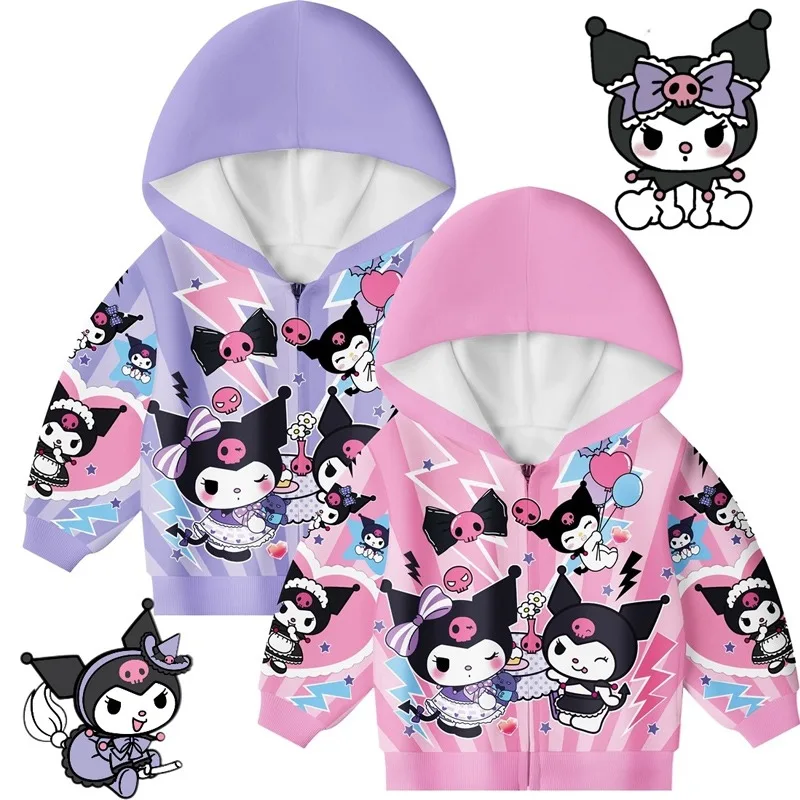 

Sanrio Kuromi Kids Zippered Hoodies Coat Cartoon Long Sleeve Costume Baby Girl Hooded Jacket Children's Sweatshirt Autumn Spring