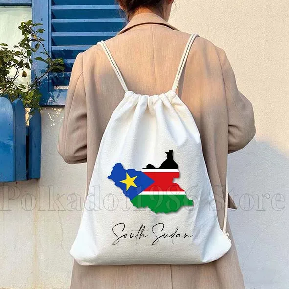 South Sudan Flag Map Sudanese Canvas Drawstring Bags Soccer Backpack Cotton Gym Sackpack Gifts String Bag for Hiking Sports Yoga