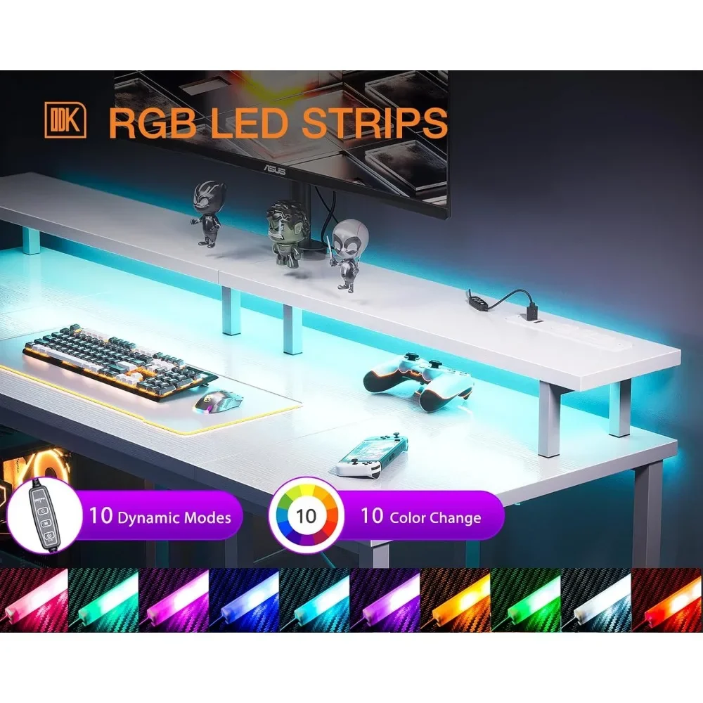 63 inch Computer Desk with Power Outlets & LED Lights, Gaming Desk with Monitor Stand & Storage Sheves, Home Office Desk