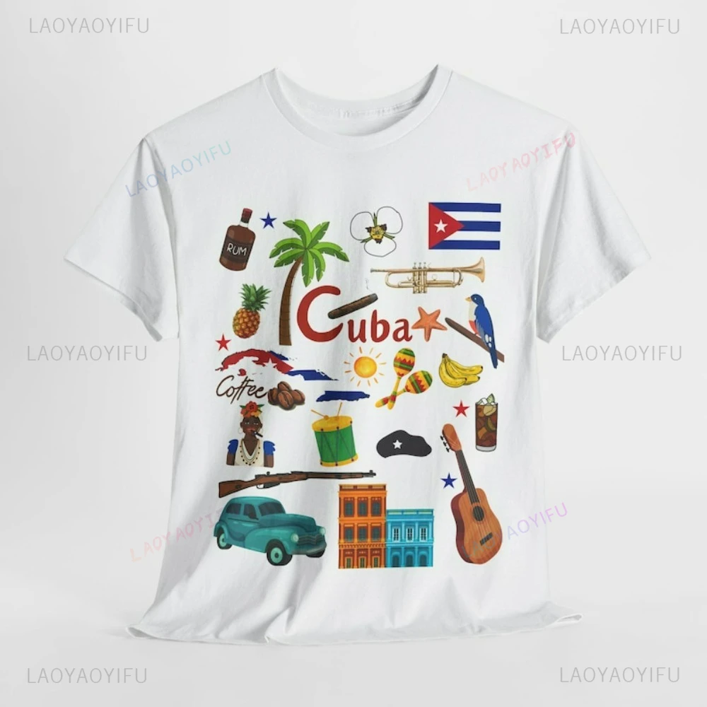 Куба Путешествия Хлопковая футболка Тропический ананас Сигар Труба Музыкальный инструмент Кофейная чашка Архитектура в Гавана Ром в этническом стиле