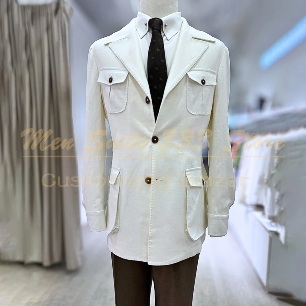 

White Linen Men's Suits for Wedding Casual Single Breasted Peak Lapel Slim Fit 2 Piece Jacket Pants Sets Bespoke Male Clothing