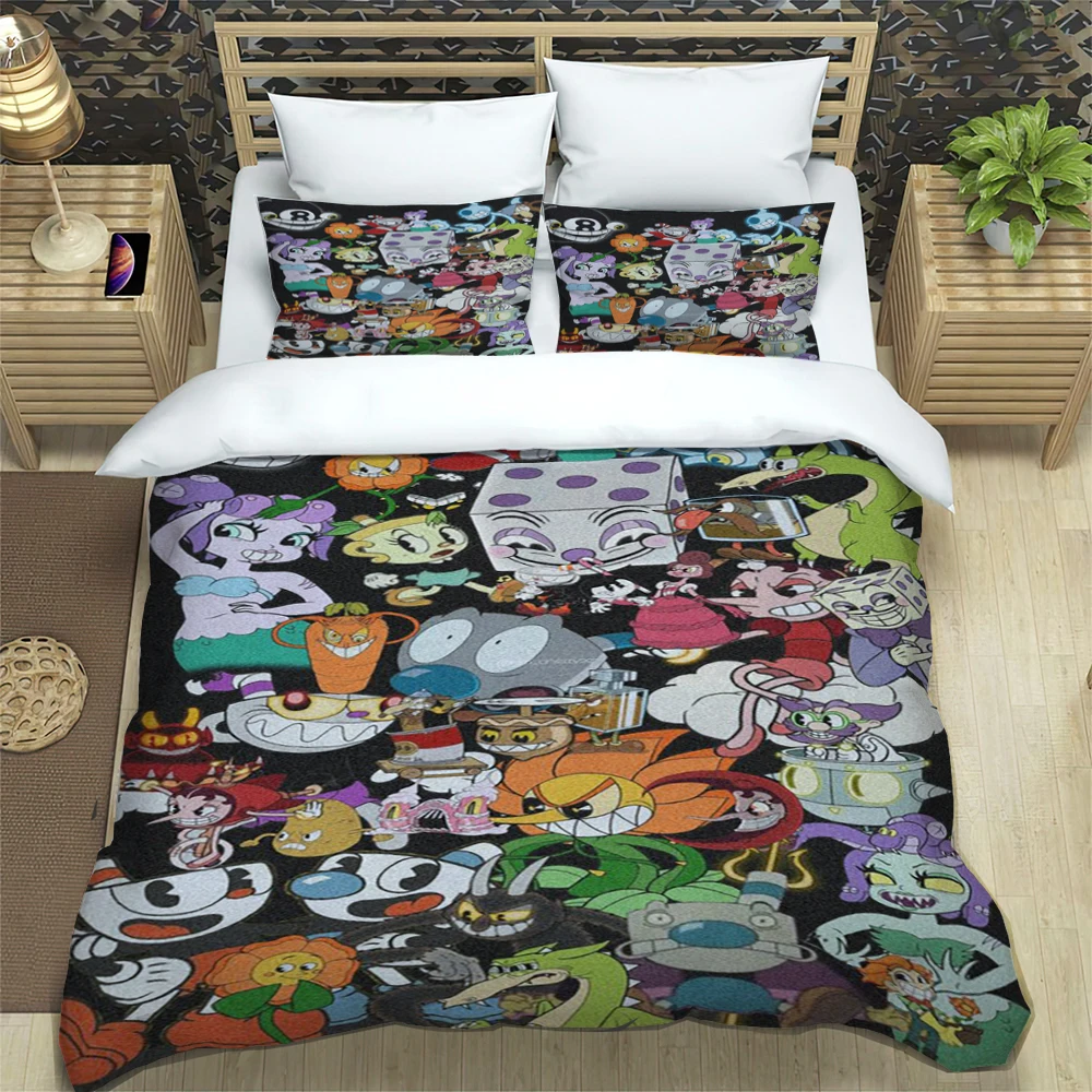 C-Cuphead Pop Fashion Trendy Print Three-piece Set, Suitable for Kids or Adults Quilt Cover Pillowcase Bedding Set Birthday Gift