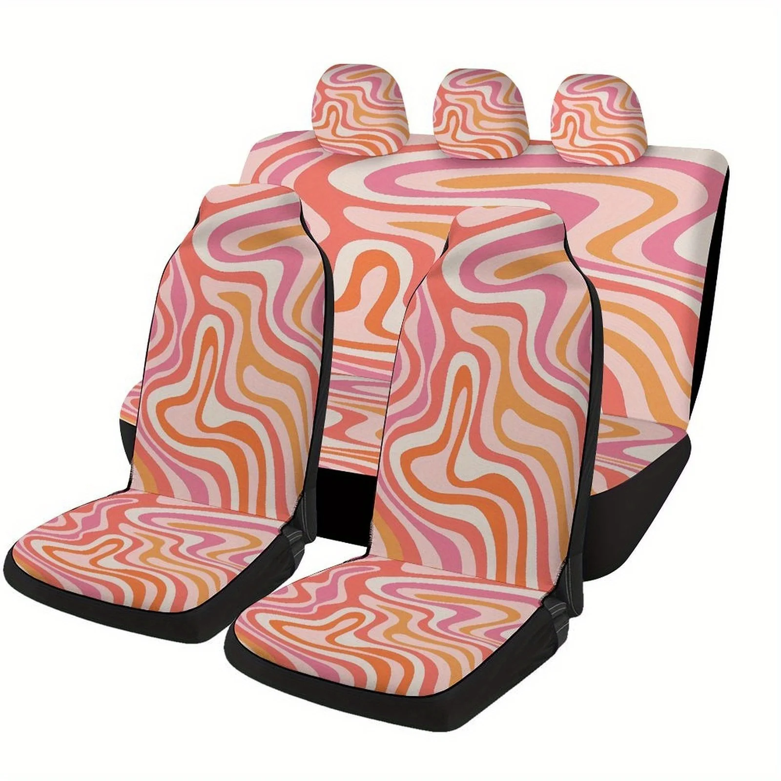 Wavy Lines Pattern Themed Car Seat Covers Set For Most Cars, Fashionable Comfortable Decorative Car Seat Protector Covers Full S