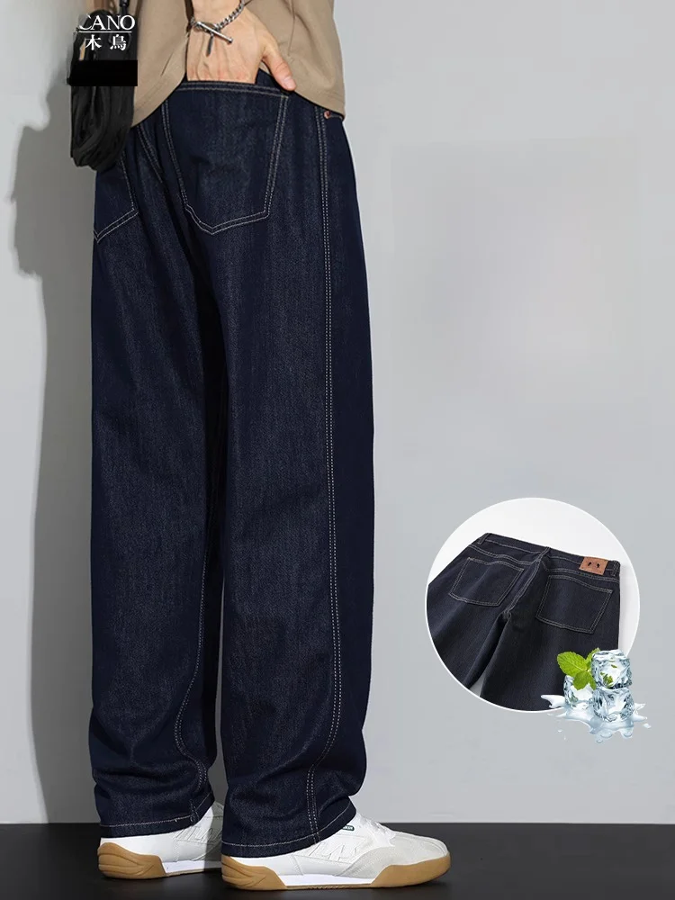   اللون الأصلي جينز رجالي صيفي رقيق أمريكي كاجوال فضفاض مستقيم الساق سروال طويل مريح مقاوم للاهتراء