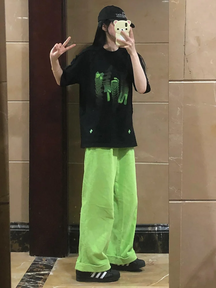 

Женский летний спортивный костюм в американском ретро-стиле: свободные брюки с широкими штанинами и футболка с коротким рукавом, комплект из двух предметов, повседневная спортивная одежда