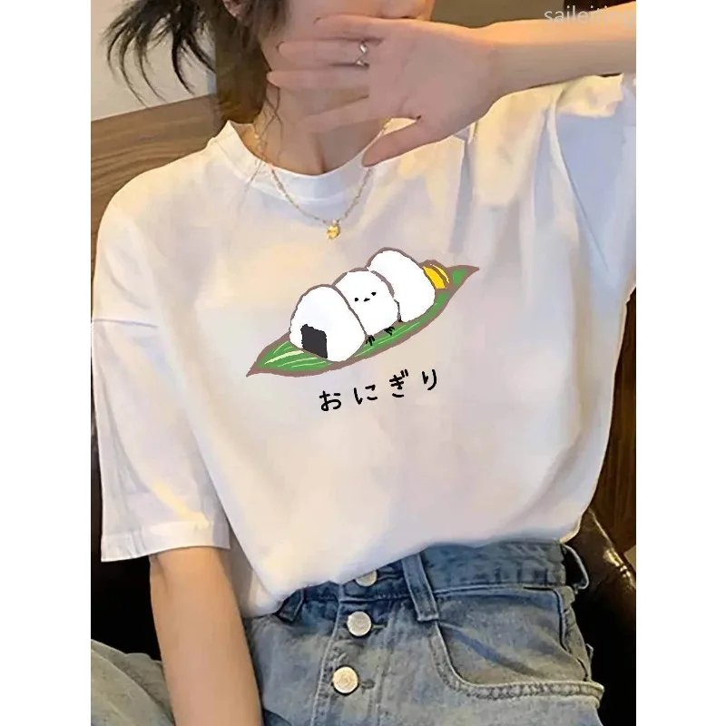Women's Cute Rice and Vegetable Roll Pattern T-shirt Summer Casual Homespun Sleeve Casual Women's Street Aesthetic Clothing
