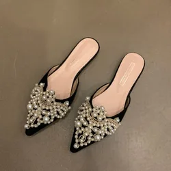 New Spring Pearl Flats Women Wedding Shoes Pointed Toe Female Dress Moccasins Low Pearl Heel Ladies Fashion Luxury Style