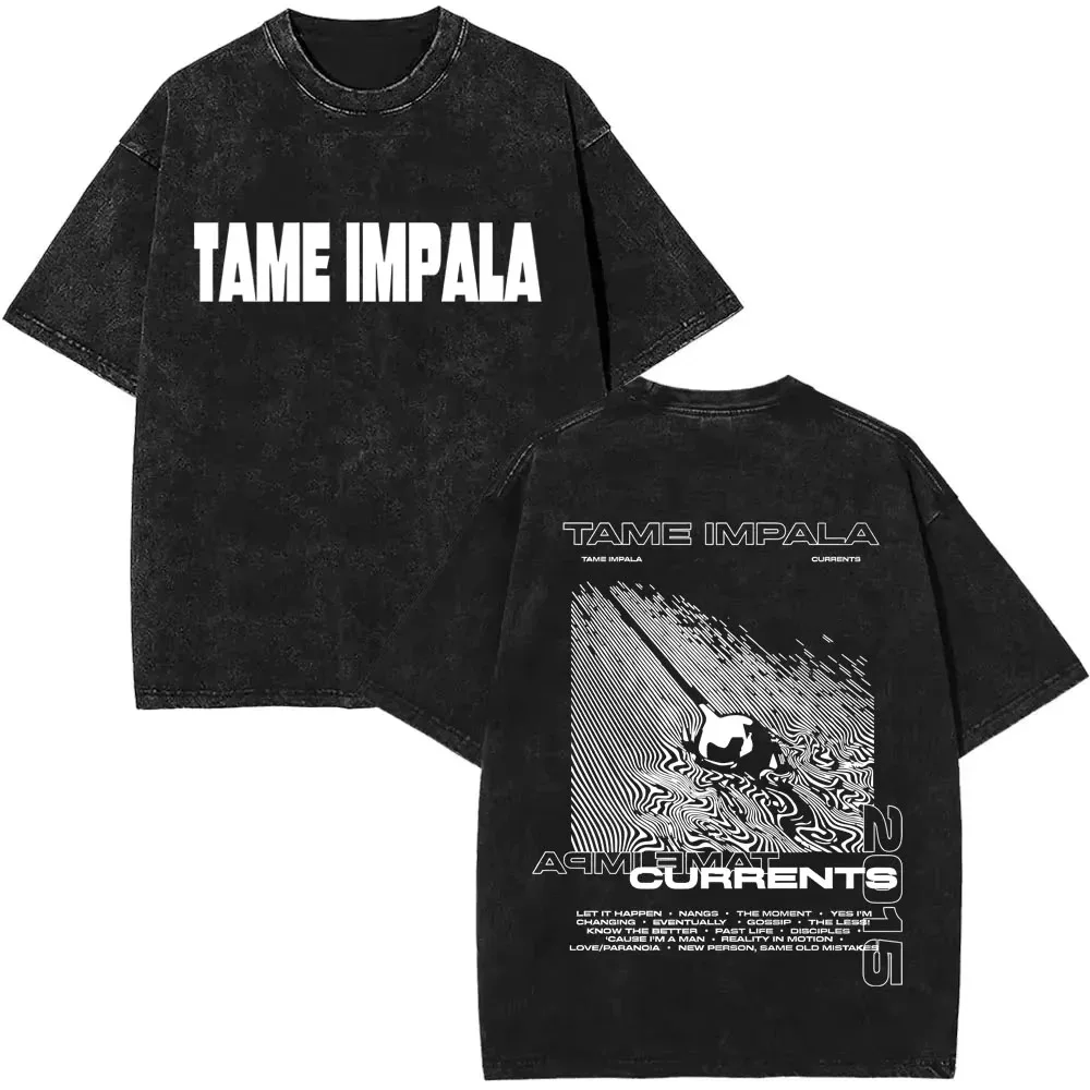 Camisetas con estampado gráfico Tame Impala de gran tamaño lavada con ácido, camiseta de banda de Pop Rock para hombre, ropa Retro Y2k de moda de alta calidad para mujer