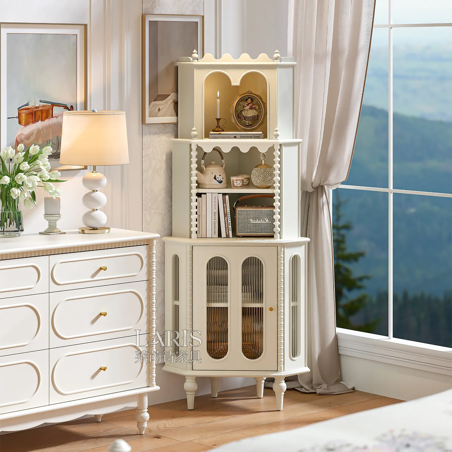 Cream wind solid wood living room small apartment corner triangle corner storage cabinet shelf bedroom storage cabinet