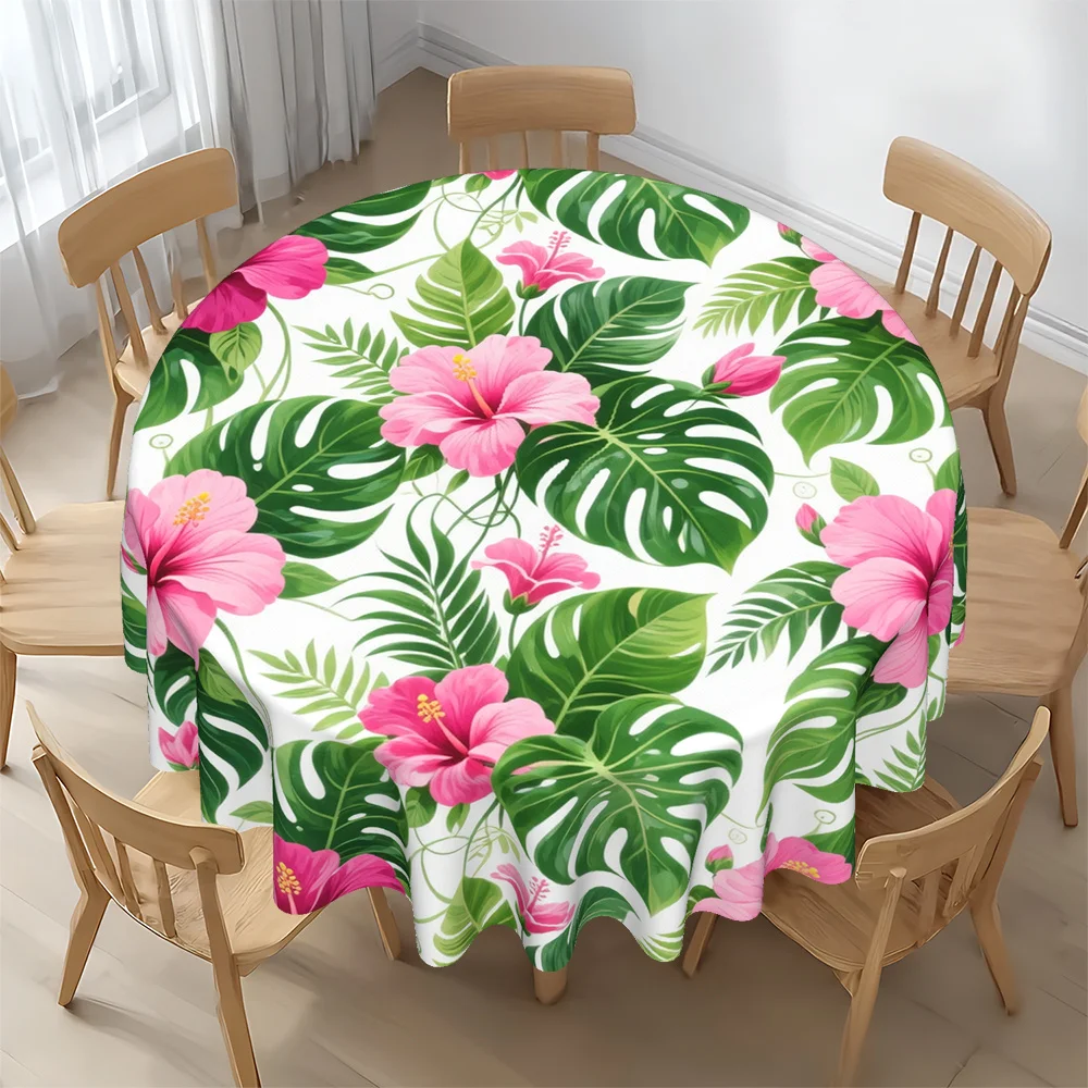 Round tablecloth, table cover with a design of pink and green tropical flowers