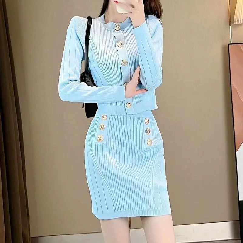 Office Lady 3 Piece Knitted Skirts Set Casual O-neck Long Sleeve Coats Spring 2023 Vintage High Waist Slim Skirt Suit for Women