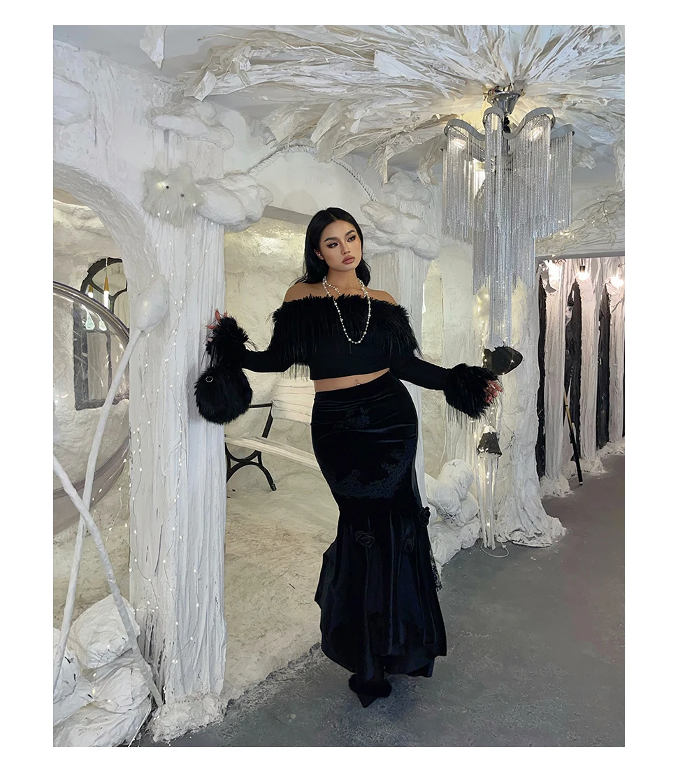 Women's Autumn Winter European American Black Retro High Waist Skirt A-line Solid Color Street Gothic Velvet Fishtail Skirts