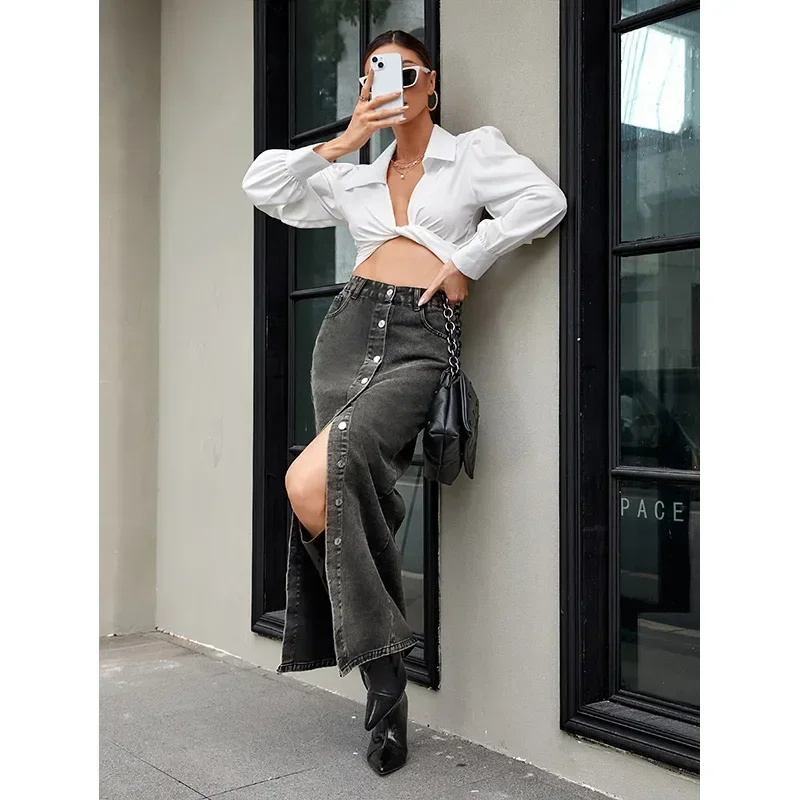 تنورة الدنيم خمر المرأة مرونة الخصر غسلها المتعثرة جيوب واحدة الصدر سبليت ألف خط الشارع الشهير التنانير الطويلة