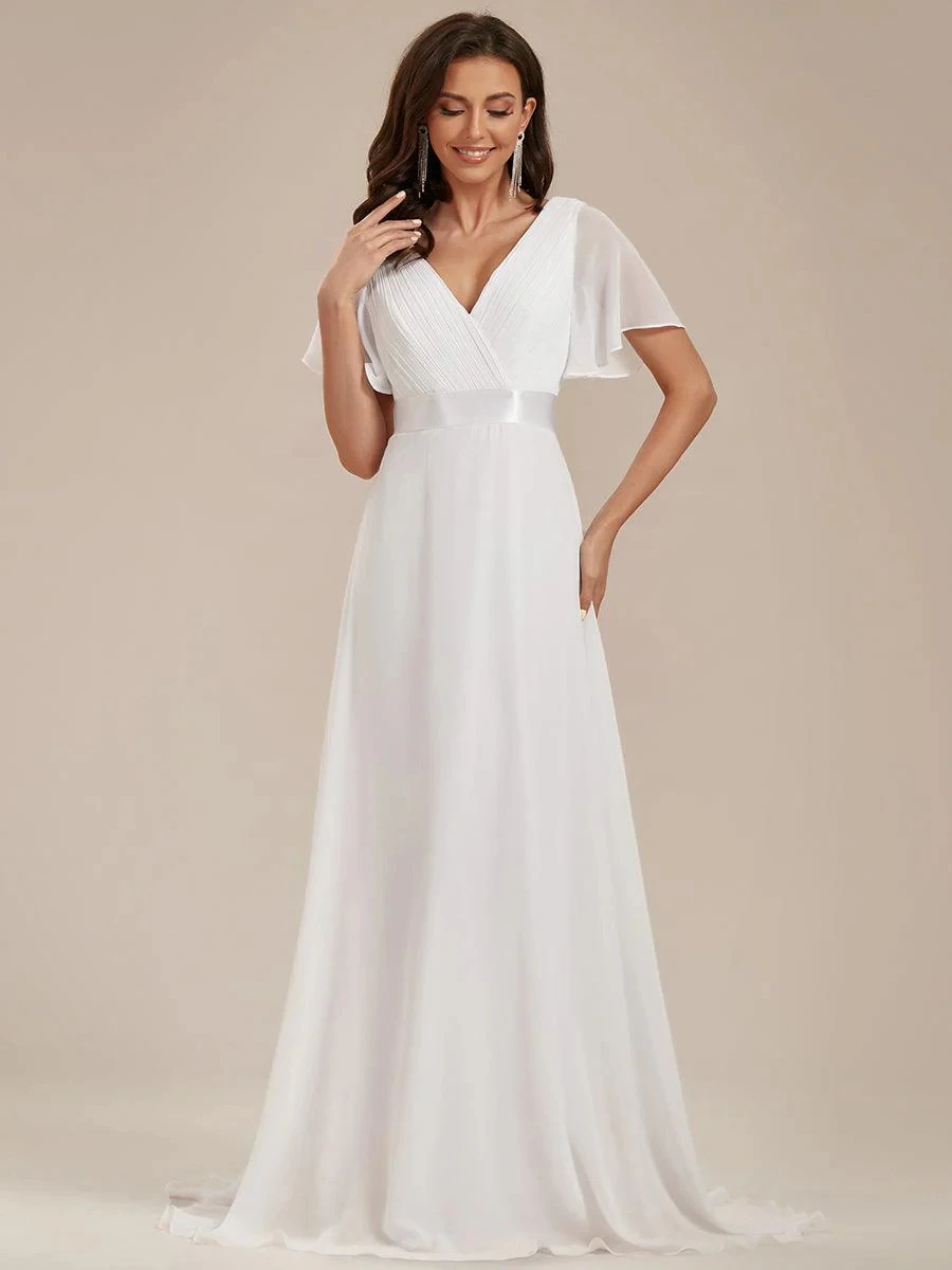 Women Simple Evening Dress Tulle Ruffles Short Sleeve V-Neck Backless Empire Sashes Prom Dress A-Line Maxi Wedding Bridal Gowns image 3
