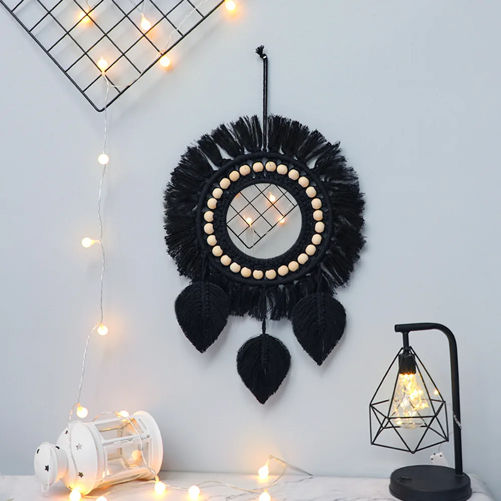 

Ins Handmade Cotton Thread Black Tapestry Makeup Mirror Bedside Bedroom Homestay Porch Hotel Home Decorations Wall Hanging