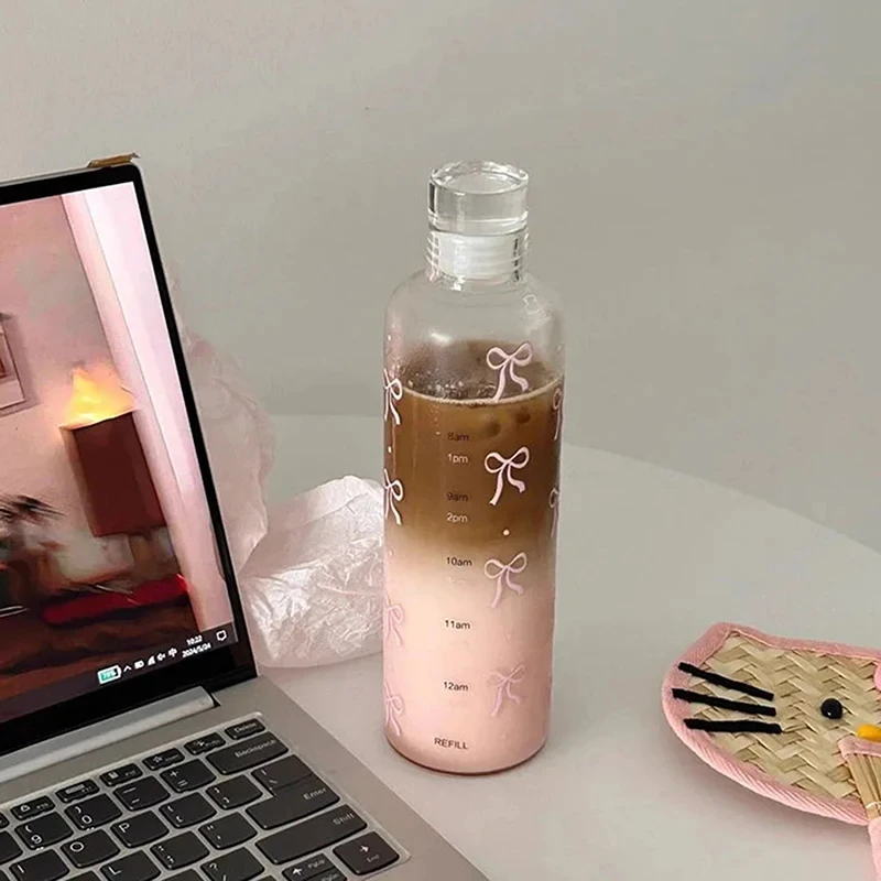 

500ML Kawaii Bow Plastic Water Bottle with Time Scale Transparent Water Cup Outdoor Sports School Drinking Water Bottle Gifts