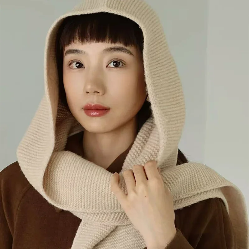 100% Wool Big Sophie Scarf Oversize Hood Balaclava Winter Hat Ear Protection Windproof Warm Bomber Hats Women Fashion Beanies