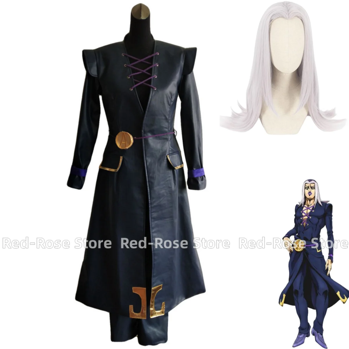 

Anime Golden Wind Leone Abbacchio Cosplay Costume Wig PU Long Coat Cloak Man Halloween Suit