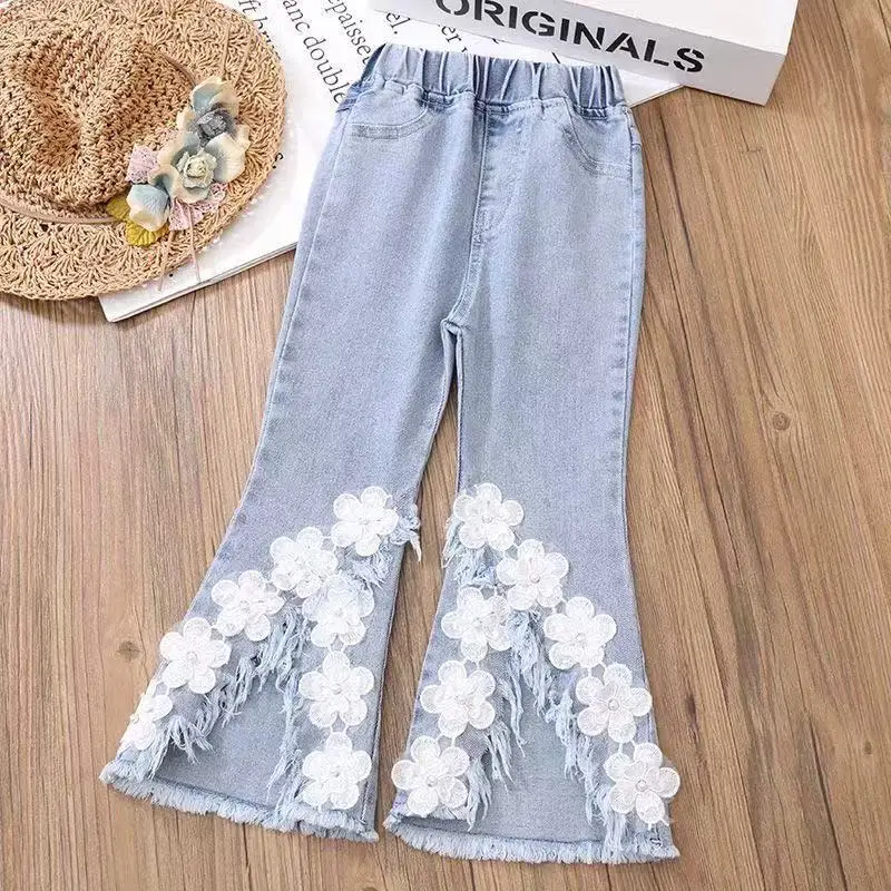 

Kids Spring and Autumn Girls' Jeans Fashion 2026 New Style Children's Flower Bellbottom Pants Kids Trousers 110-170cm