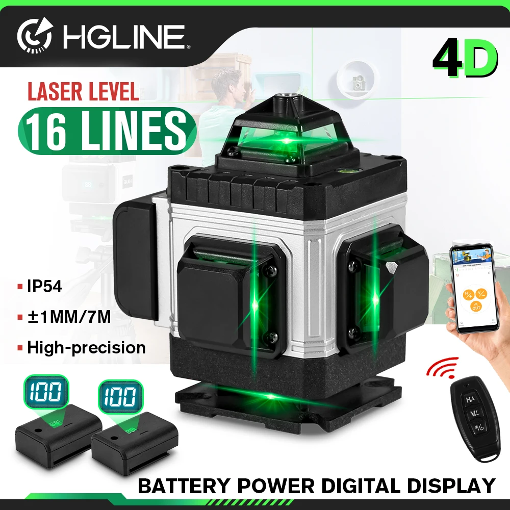 

HGLINE 4D 16 Lines Green Line Laser Level With 1.2m Tripod APP Remote Control Horizontal Vertical Measuring Laser Instrument