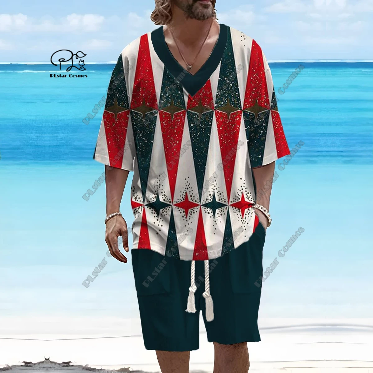 PLstar Cosmos 3D printed new men's V-neck gradient retro pattern short sleeved shorts T-shirt suit casual series T-26
