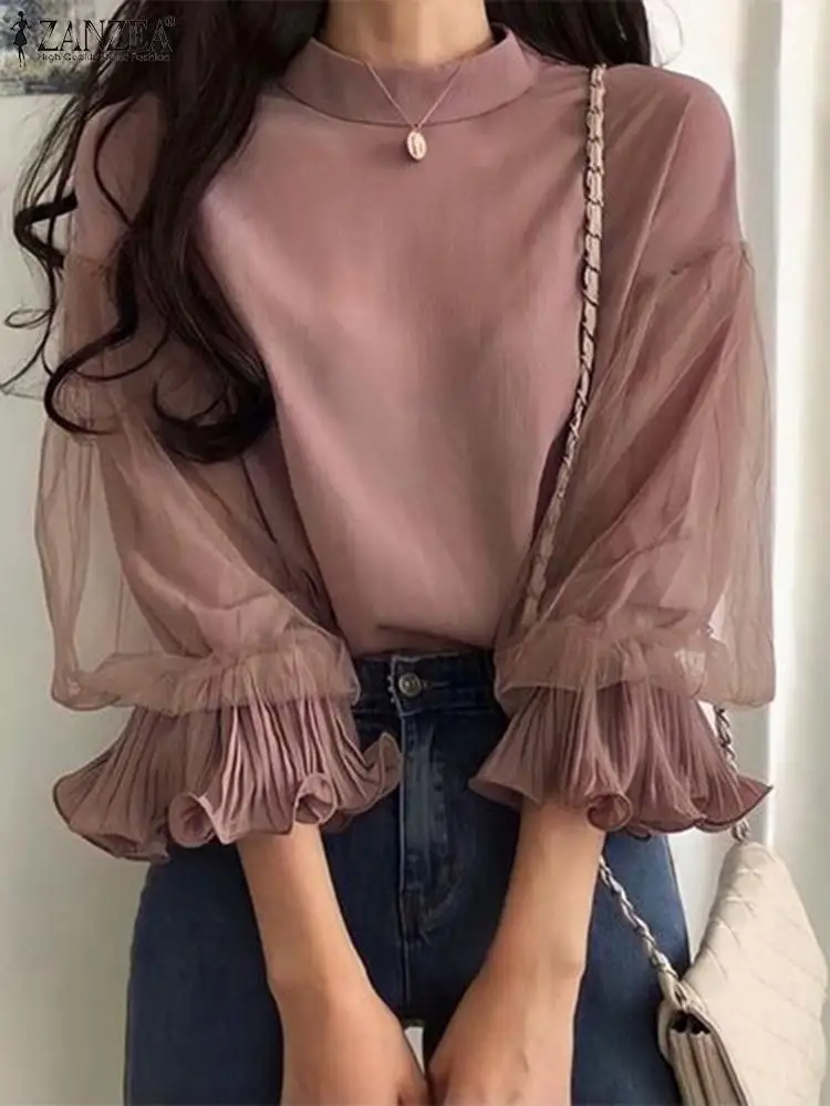 ZANZEA Korean Mesh Ruffle 3/4 Sleeve Tops Women Elegant Party Blouse Chic 2024 Autumn Designer Stand Collar Shirts Loose Tunics