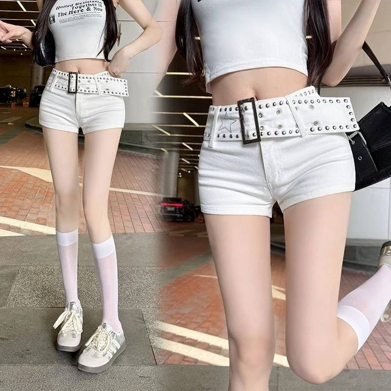 Trendy Low Rise Studded Denim Shorts for Women Short Slim Fit White Hot Pants​