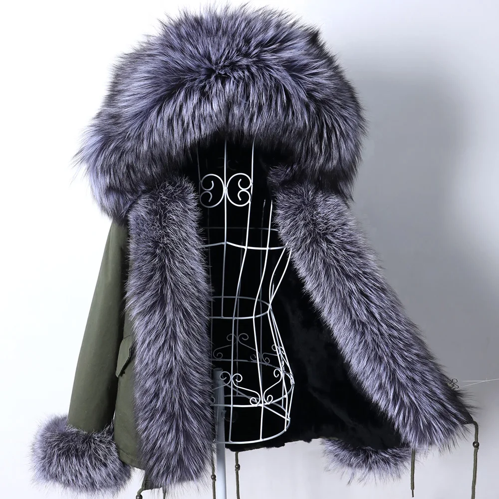 Maomaokong 2023 New Women Winter Fur Coat Rabbit Lining Hoode Jacket Natural Real Fox Raccoon Collar Parka Short Female Clothing