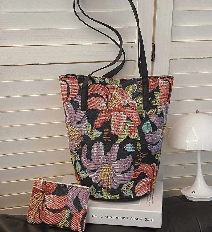 Vintage Floral Printed Women's Shoulder Bag With Small Zipper Pouch Fashion Large Capacity Bucket Bag Casual Commuter Handbag
