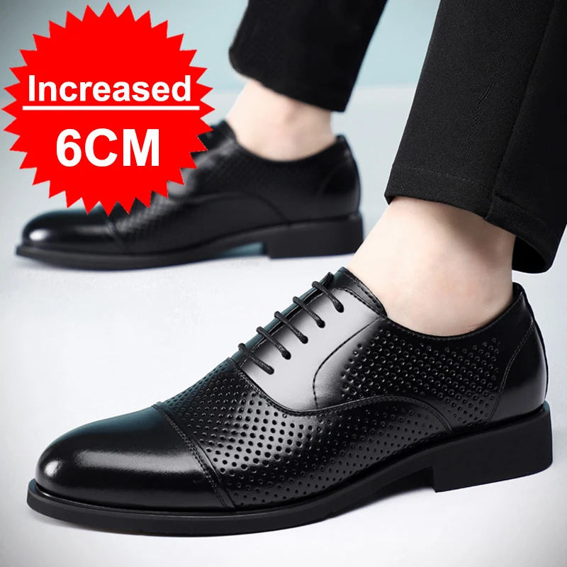 Men Business Leather Shoes Summer Casual Large Size Black Shoes Breathable British Grooming Wedding Shoe with Hidden Heightening