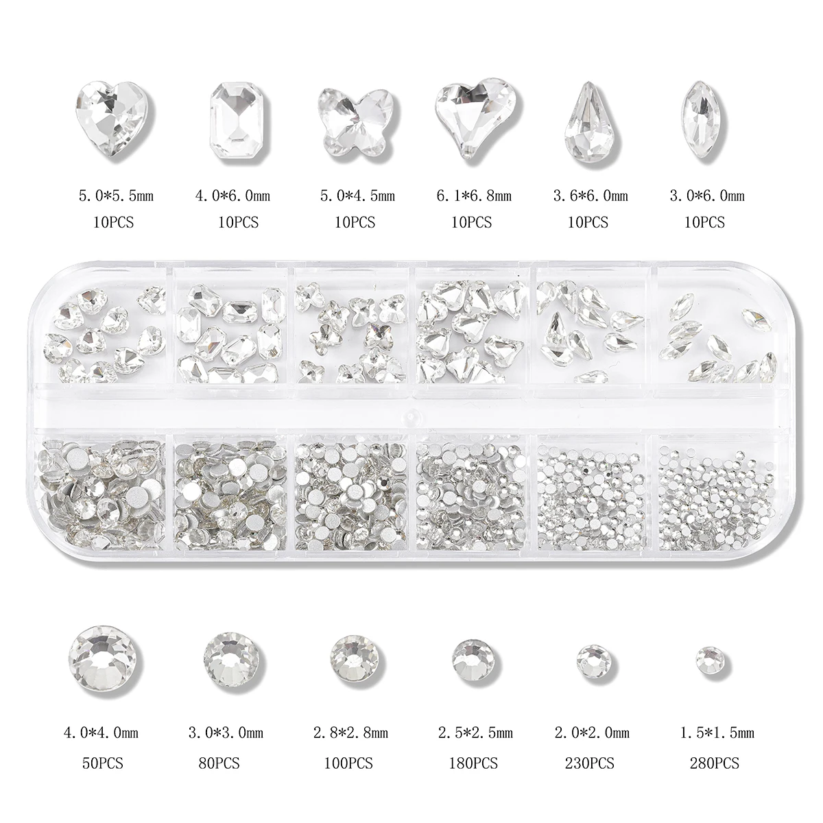 مجموعة من مثقاب الأظافر من حجر الراين ، 12 صندوق شبكي ، شفاف ، مسطح ، فراشة ، قلب ، قطرة #1