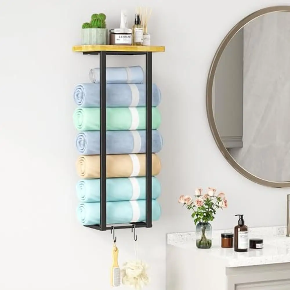 

Towel Storage Rack Wall Mounted Metal Holder with Bamboo Shelf Bathroom Towels Storage Space Saving Portable Rust Proof Water