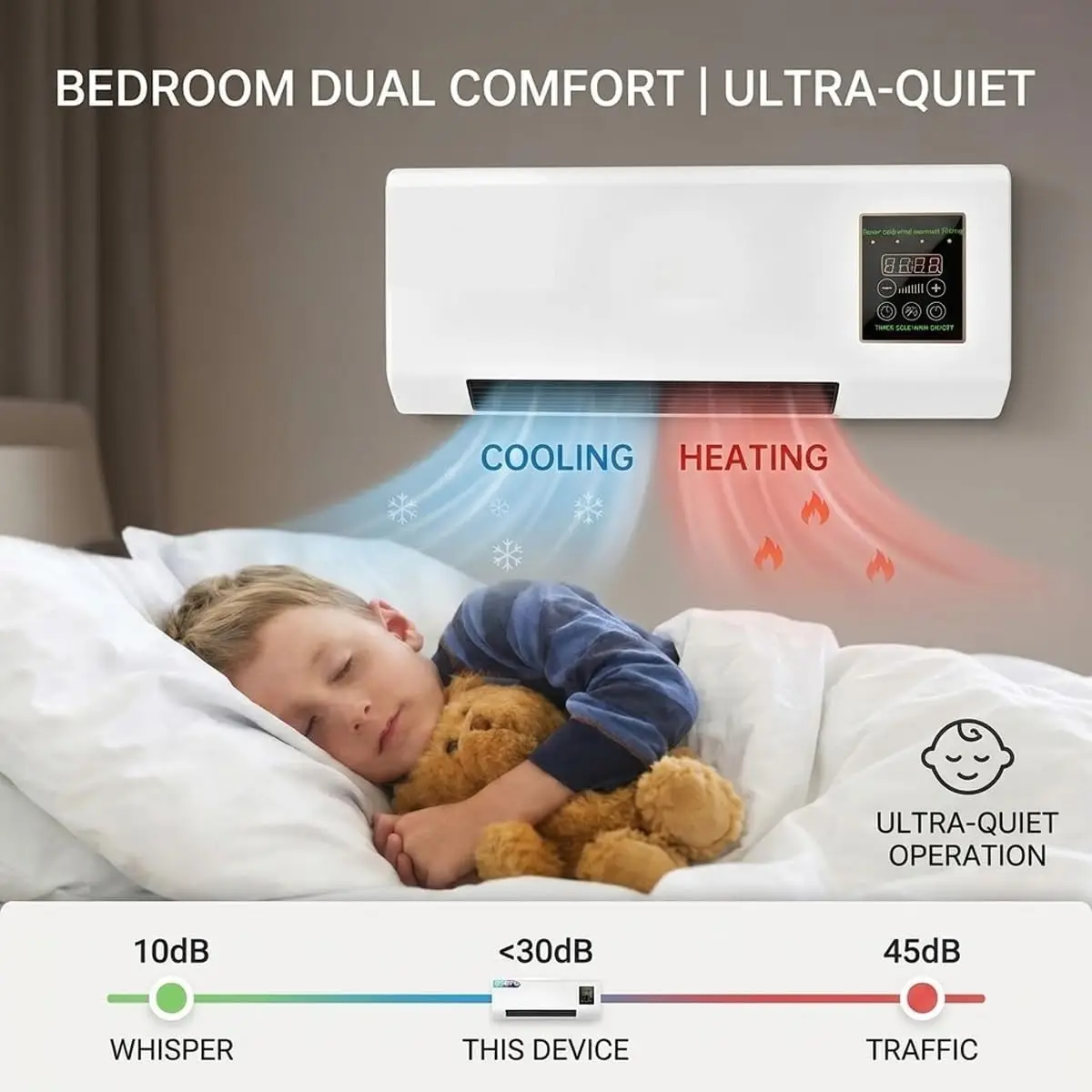 1800W Wall Air Conditioner Wall Mounted Mini AC Unit for Bedroom, 2 In 1 Smart PTC Ac Heater with Remote Control Timer, Space Heater and Fan Combo for RV Garage Fast Heating(White)