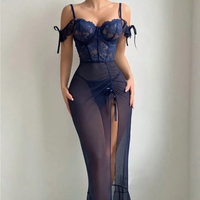 Split end sexy suit perspective hip wrap dress lace pajamas
