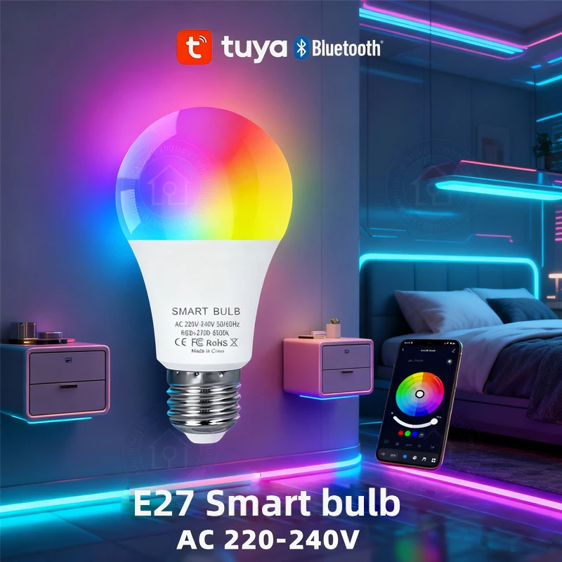 Tuya Bluetooth Smart LED Light Bulb E27 RGB 110V 220V Smart Lamps for Bedroom Decoration Party Lighting Smart Life APP