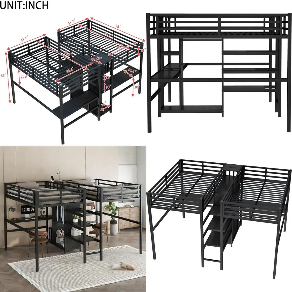 

Двухъярусная металлическая кровать Twin Over Twin с двойным столом, шкафом и полками, идеально подходит для двух детей, экономит пространство, снижает уровень шума, черная.
