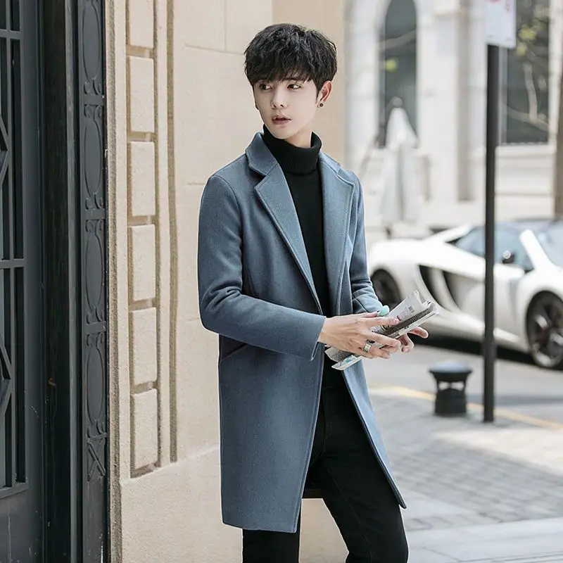 

Men's Mid Length Woolen Coat Korean Design Autumn Winter Casual Outerwear Warmth Fashionable Blazer​